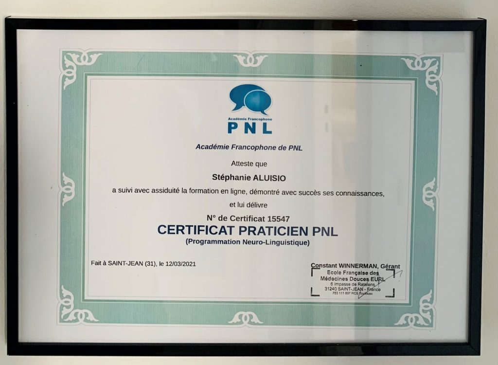 attestation certificat de praticien PNL de Stéphanie Aluisio