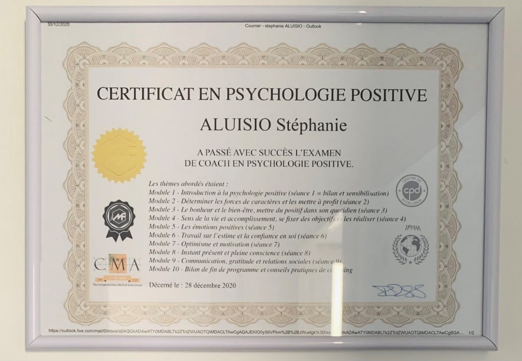 Certificat de coach en psychologie positive de Stéphanie Aluisio